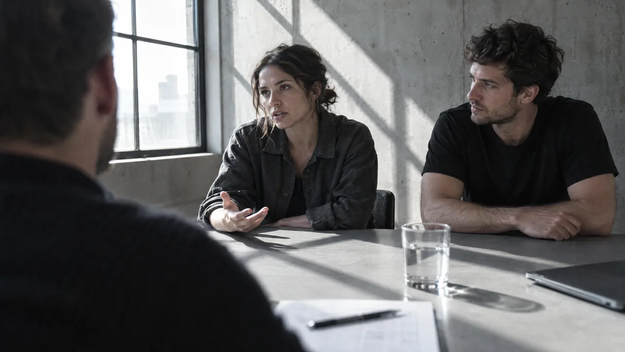 Desaturated view over a juror's shoulder onto two founders answering questions at a table in a bare concrete interview room with hard window light