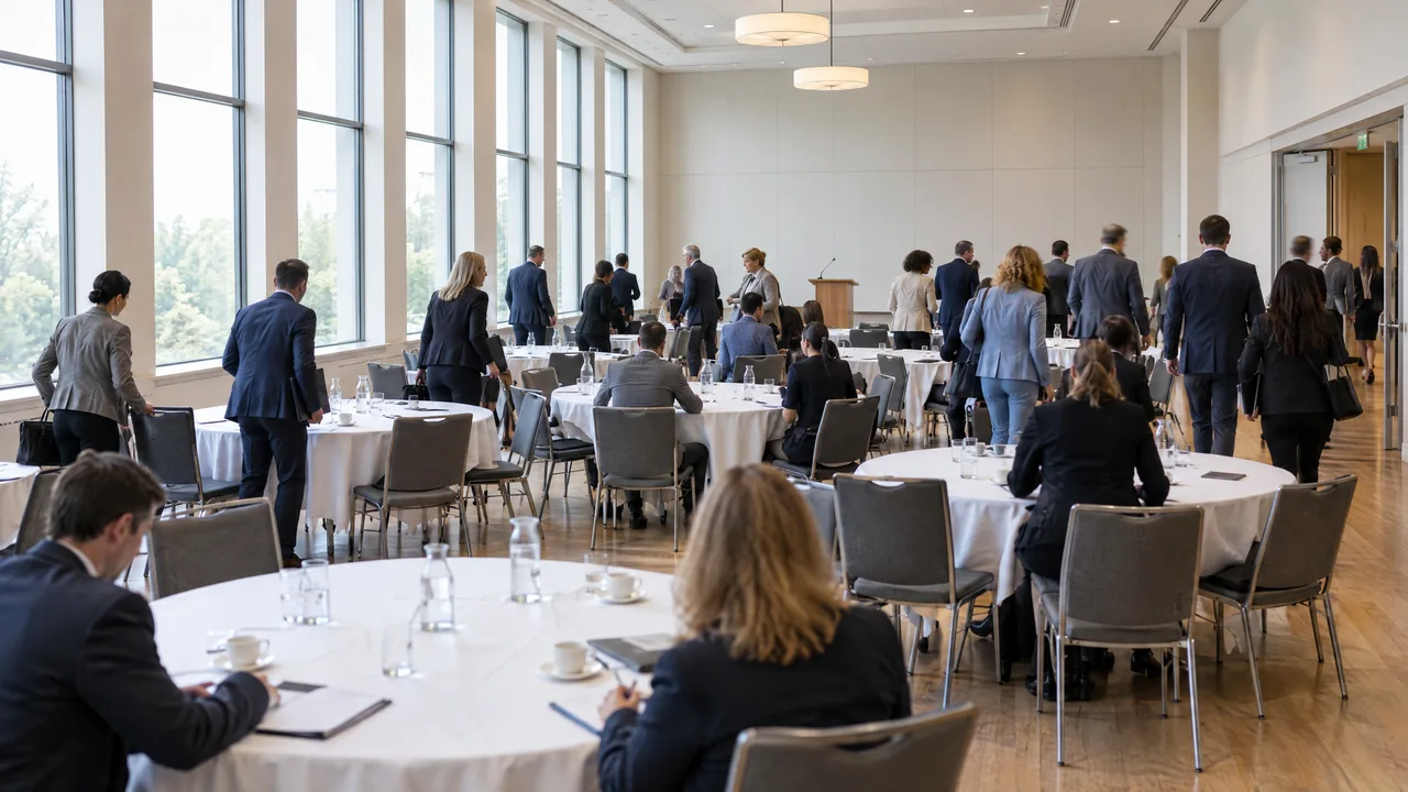 Association members rising from round tables after a morning briefing in a bright hotel conference room and heading for their meetings
