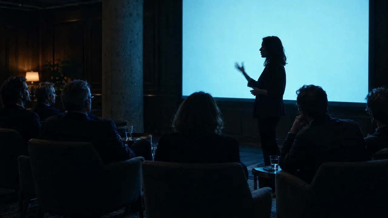 A founder in silhouette pitches in front of a blank, glowing cyan screen to a small circle of angel investors seated in armchairs in a dark wood-panelled club room