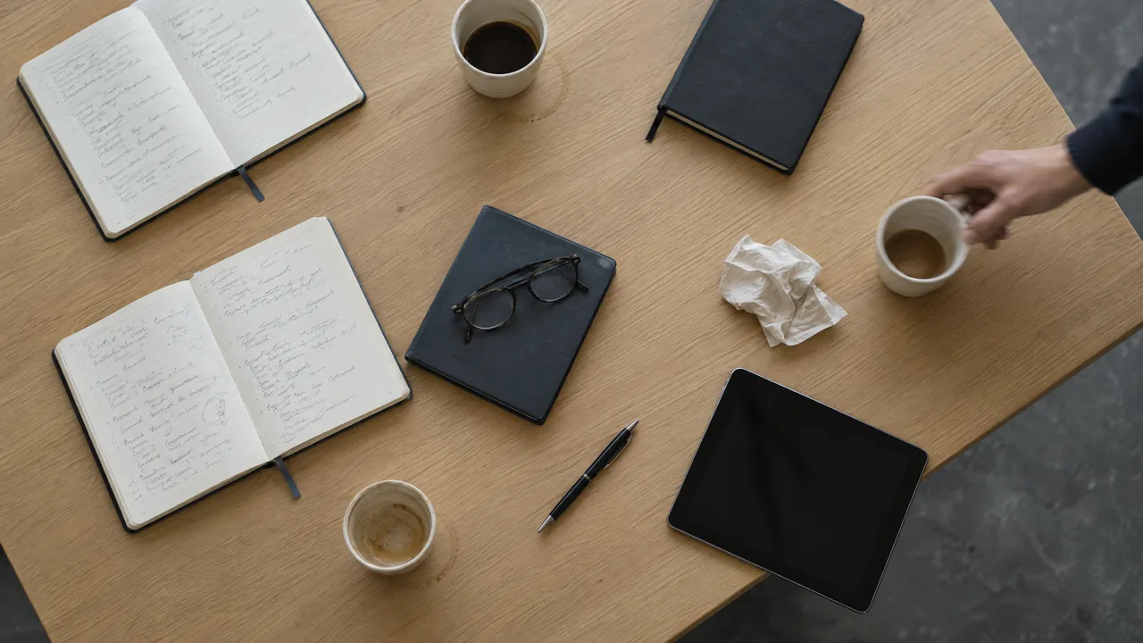 Tisch von oben nach einem Pitch-Abend mit aufgeschlagenen Notizbüchern, Kaffeetassen, Lesebrille, Stift und Tablet, eine Hand greift nach einer Tasse