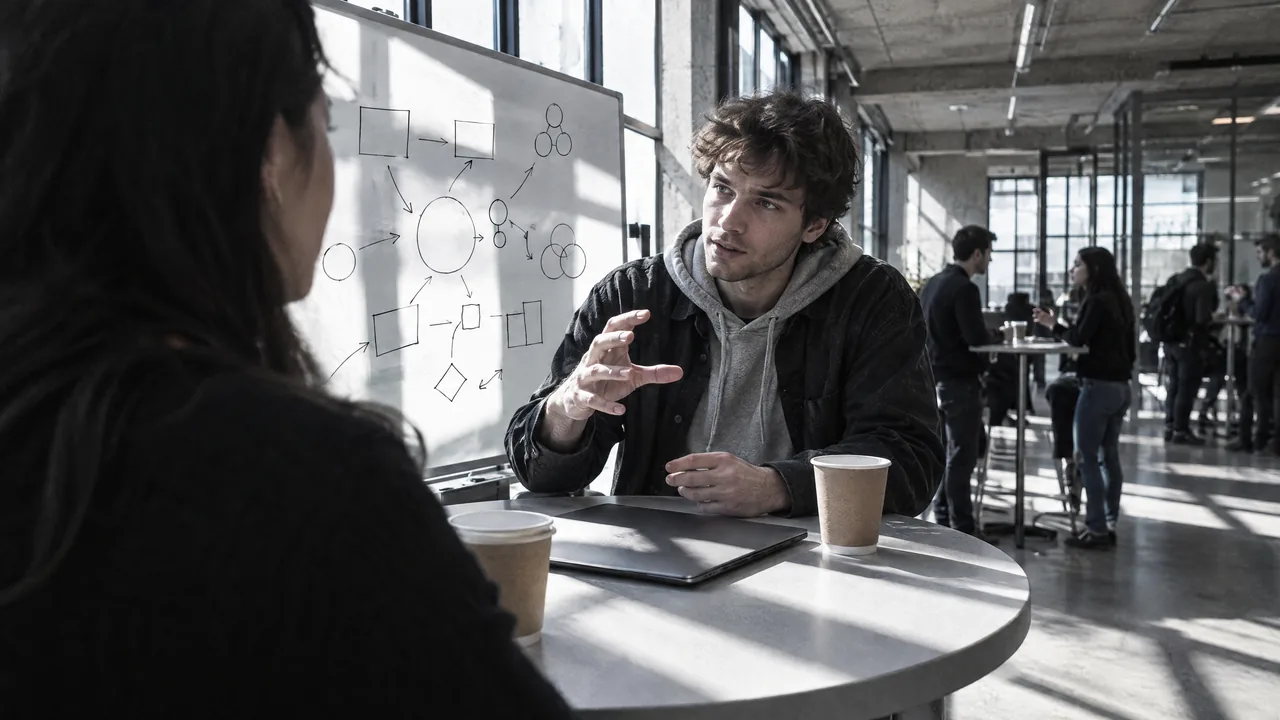 Zwei junge Gründende im Gespräch an einem Stehtisch in einem Gründerzentrum, hinter ihnen ein Whiteboard mit Skizzen, in kontrastreichem Schwarzweißlicht