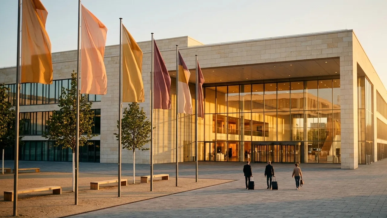 Weite Aufnahme eines modernen Kongresszentrums mit Fassade aus hellem Sandstein und Glas in tiefer goldener Abendsonne: Auf dem Vorplatz steht eine Reihe Fahnenmasten mit schlichten Flaggen in warmen, abstrakten Farben, drei Reisende mit Rollkoffern gehen vor Veranstaltungsbeginn auf den warm beleuchteten Eingang zu