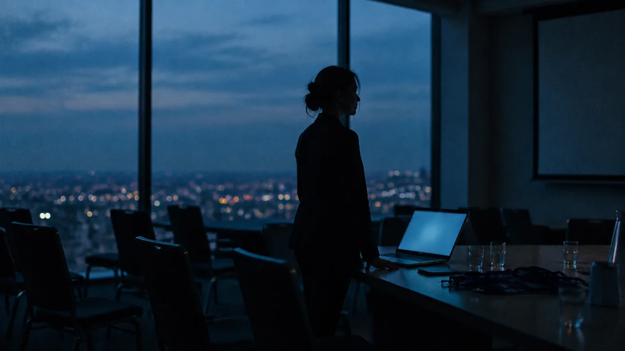 Silhouette einer Veranstalterin am Fenster eines leeren Konferenzraums in der blauen Stunde, daneben ein aufgeklappter Laptop, Wassergläser und verschobene Stuhlreihen
