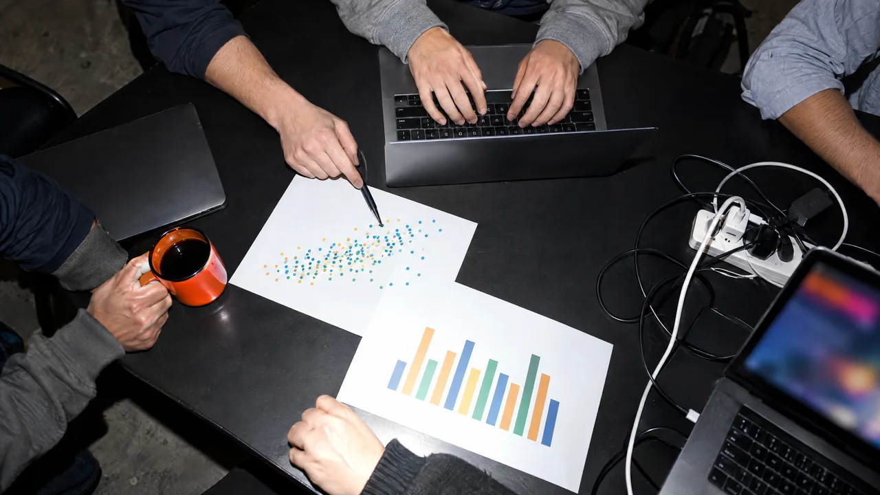 Top-down view of a datathon team table: hands typing on laptops, a pen pointing at printed scatter and bar charts without labels, an orange coffee mug and charging cables