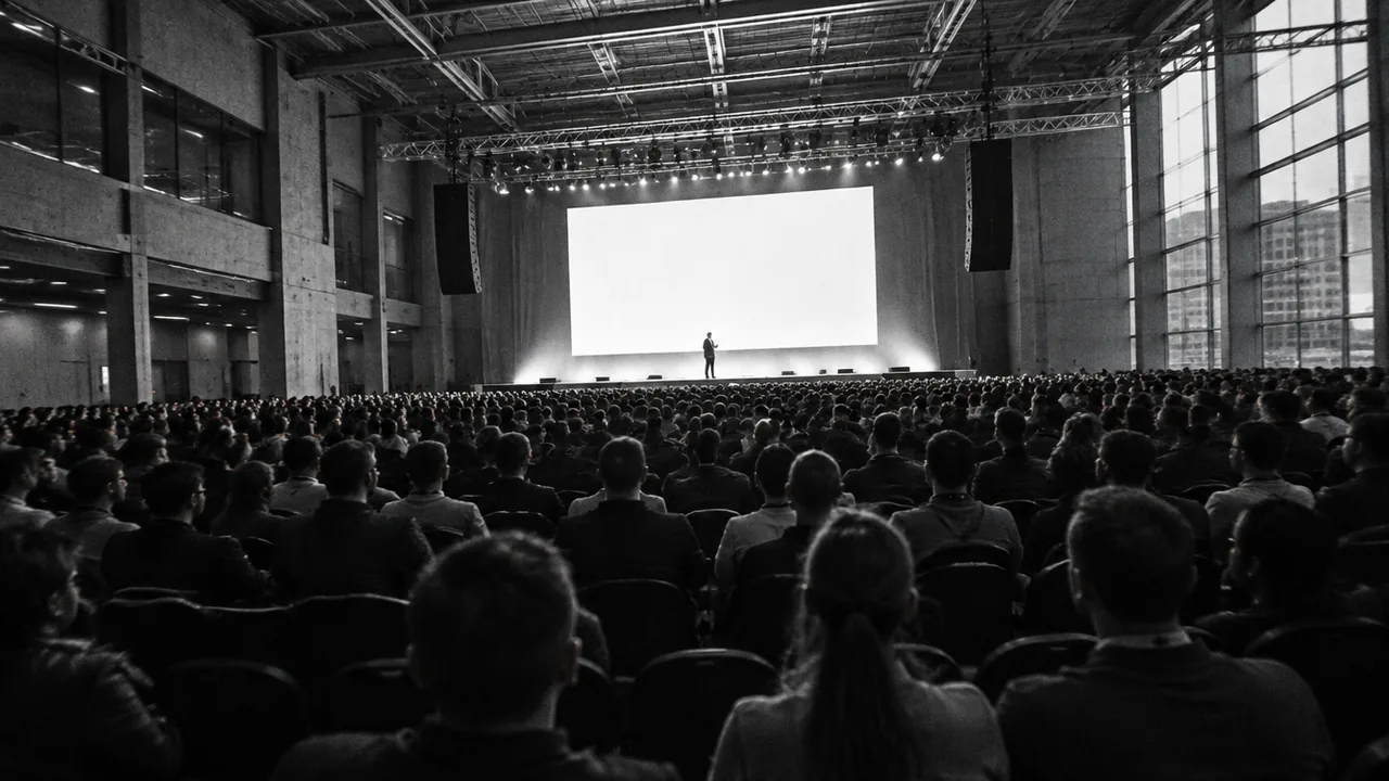 Schwarzweiße Totale von hinten über ein voll besetztes Publikum auf eine hell ausgeleuchtete Bühne mit leerer weißer Leinwand und einer einzelnen Person am Rednerplatz in einer großen Kongresshalle