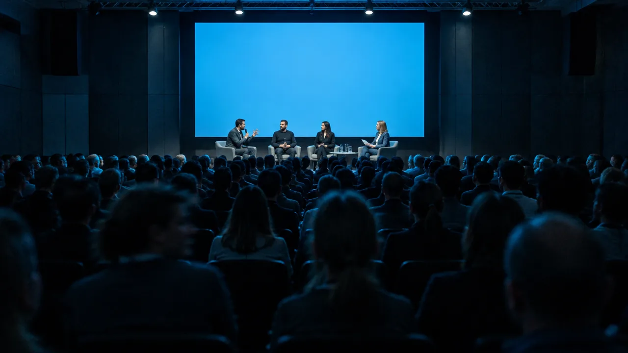 Blick von hinten über das Publikum auf ein Podium mit vier Personen vor einer leeren, blau leuchtenden Leinwand in einem abgedunkelten Kongresssaal
