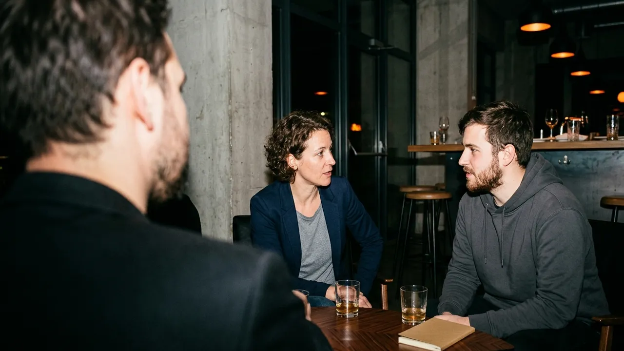 Late evening in an industrial bar lounge after a startup conference: seen over the shoulder of a bearded man in the foreground, a woman in a navy blazer and a younger man in a grey hoodie talk across a small wooden table with two glasses and a notebook, orange pendant lights glowing in the dark background.