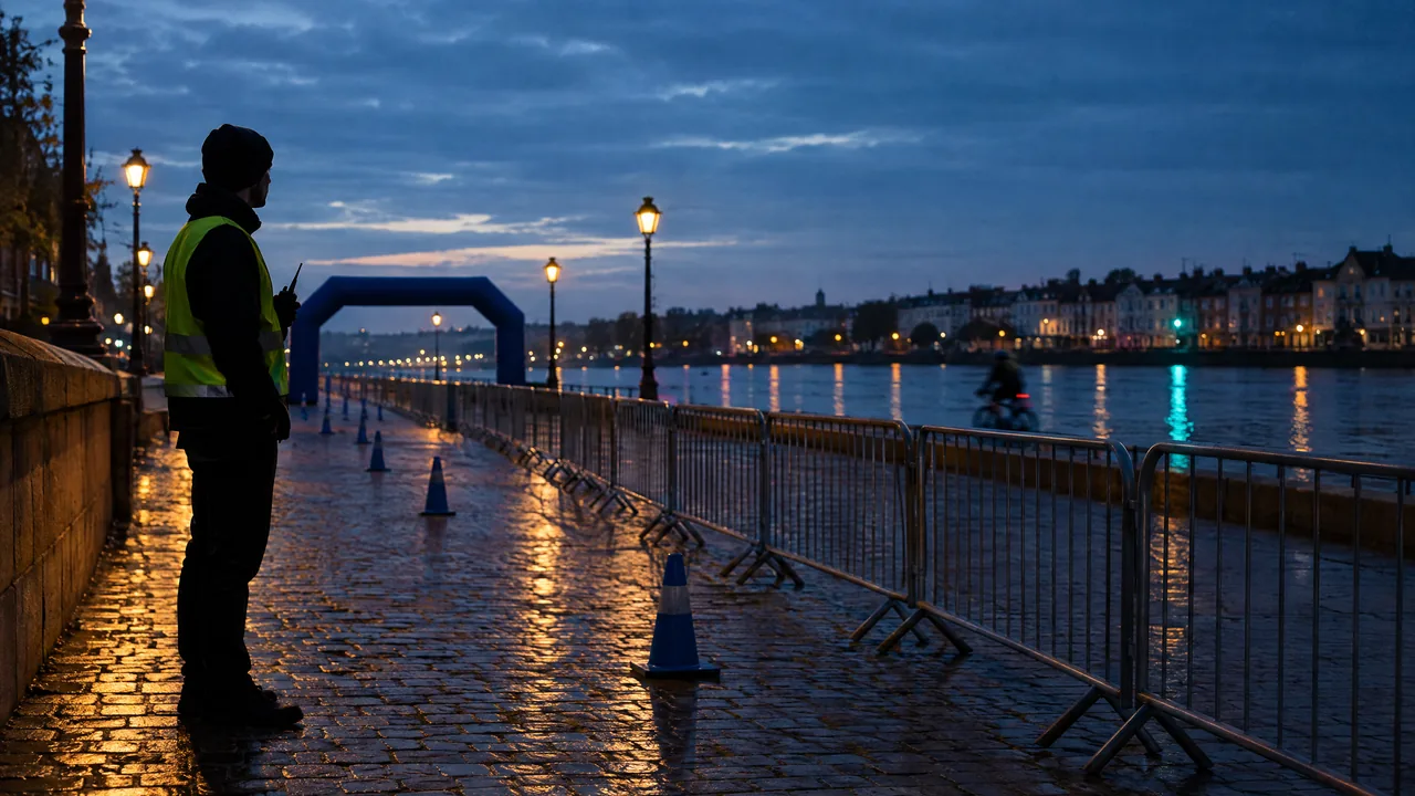 Ein Streckenposten mit Warnweste und Funkgerät steht zur blauen Stunde an einer abgesperrten Laufstrecke am Flussufer, im Hintergrund ein Startbogen