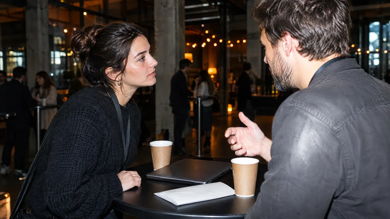 A student and a startup founder in a one-to-one conversation at a small standing table at a career fair in a converted industrial hub, lit by camera flash