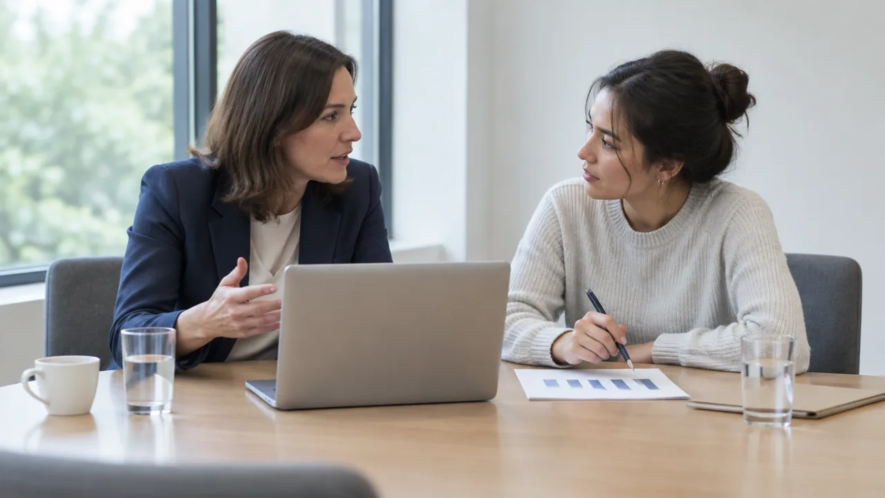 A procurement manager in a navy blazer and an event manager in a knit sweater discussing figures at a bright meeting table with a laptop, water glasses and a printed bar chart