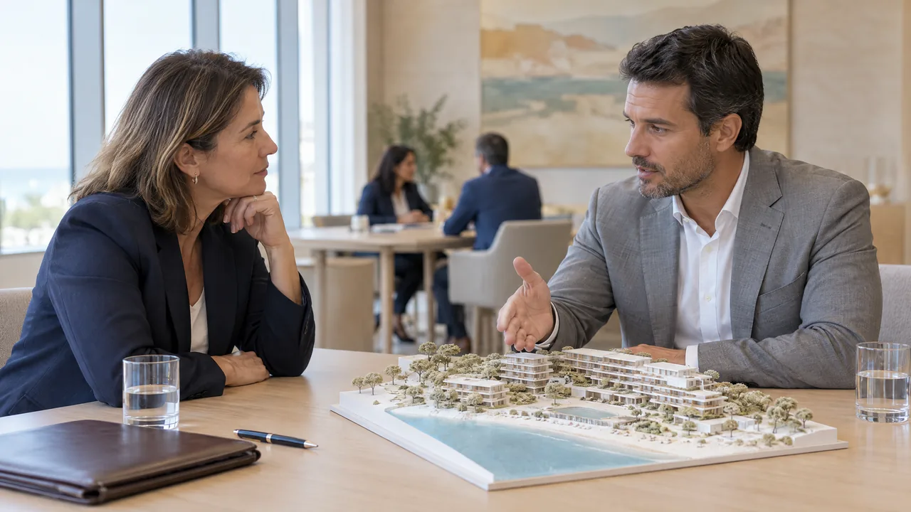 An investor and a destination representative in a one-to-one meeting, discussing a white architectural model of a coastal resort on the table between them
