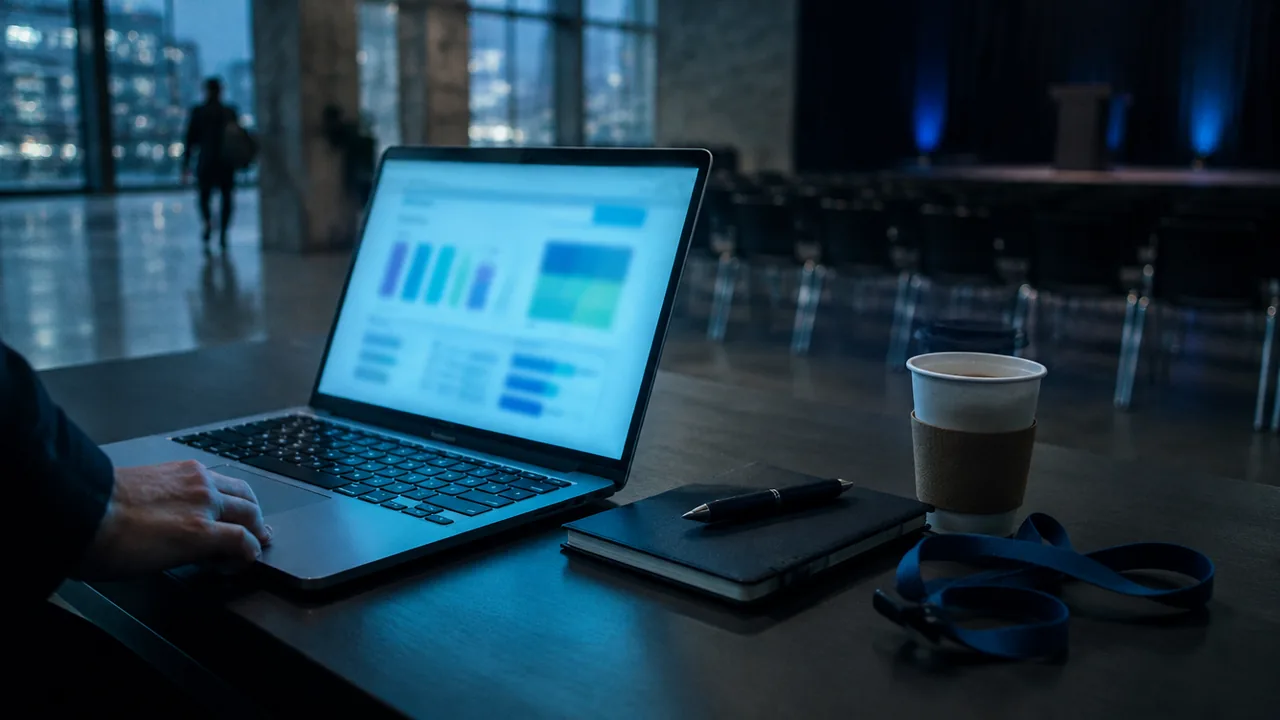 A hand resting on an open laptop with a blurred chart dashboard, beside a closed notebook, a pen, a takeaway coffee and a lanyard, in an emptying event hall in cool evening light
