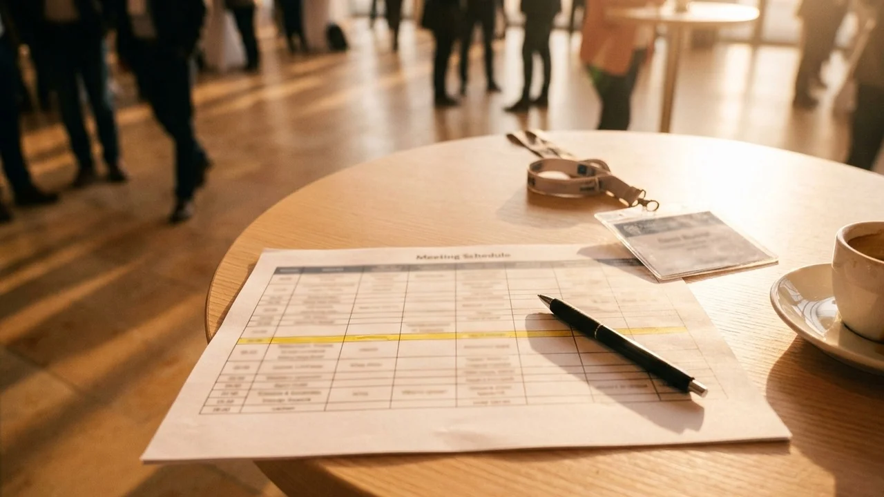 Printed meeting schedule matrix on a bistro table at a trade show in warm evening light, one row highlighted, name badge and espresso beside it