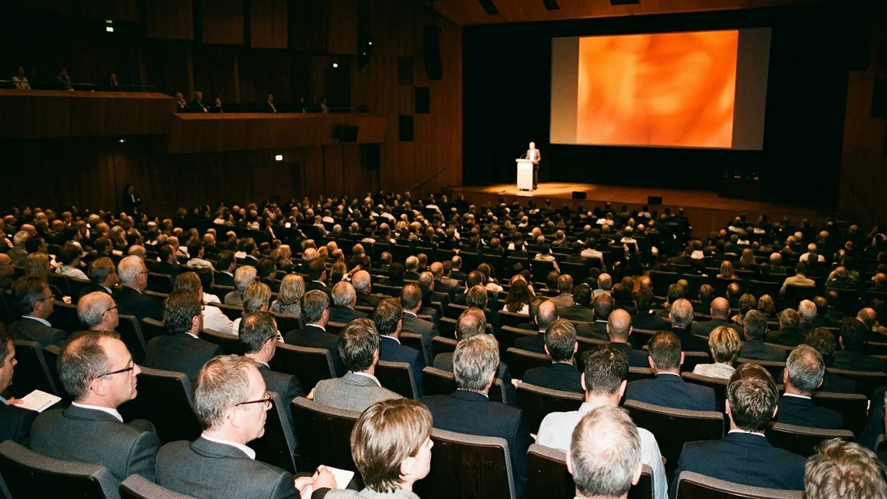View from the back rows of a large congress hall: several hundred association members seated in dark rows, the nearest heads lit by a hard camera flash, while far away a speaker stands at a lectern in front of a wide screen glowing in warm orange