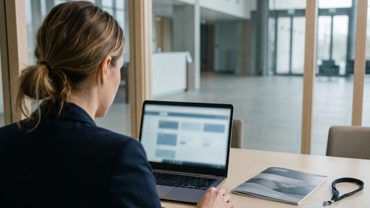 Over-the-shoulder view of an association event manager at a laptop showing a blurred database interface, with a printed congress programme and a lanyard on the table, in a quiet conference venue foyer