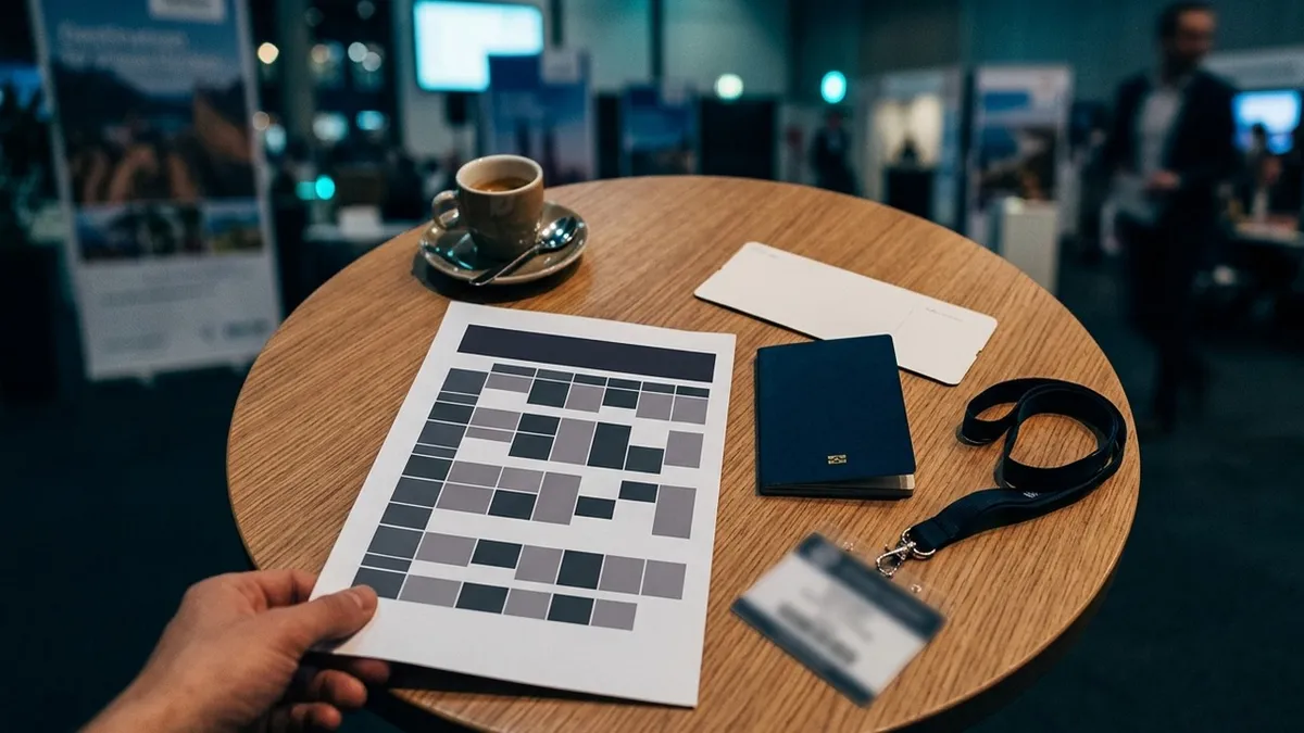 Top-down view of a printed meeting schedule, passport, boarding pass and lanyard on a lounge table in cool evening light.