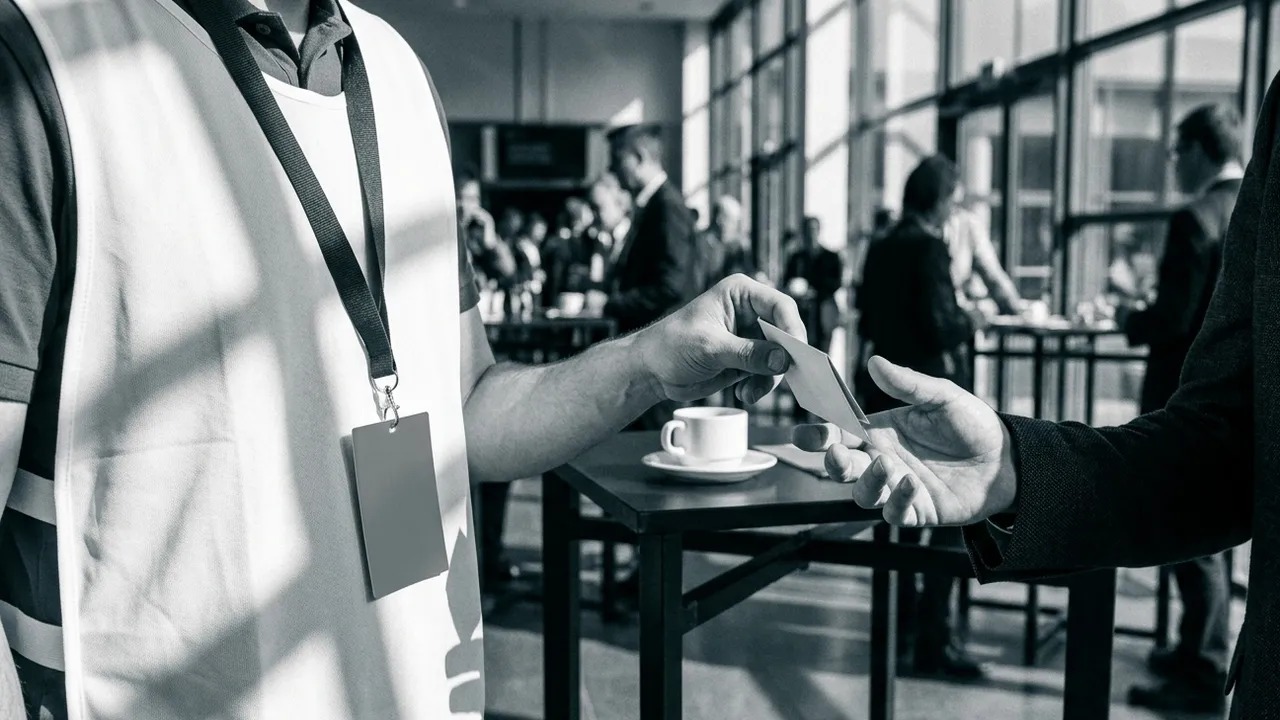 Schwarzweißfoto im Foyer eines Kongresszentrums: Eine Person in weißer Weste mit Umhängeband reicht in der Kaffeepause einer Person im dunklen Sakko eine kleine Karte, dazwischen ein Stehtisch mit Kaffeetasse, im Hintergrund unscharfe Gäste vor einer Glasfassade