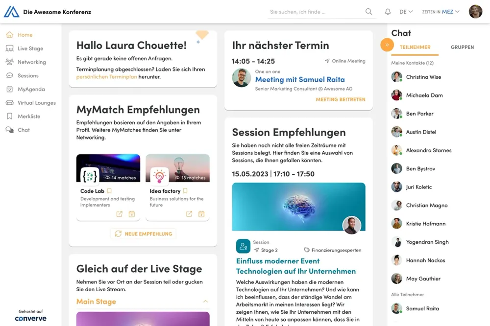 Converve User-Dashboard für die Event-Registrierung