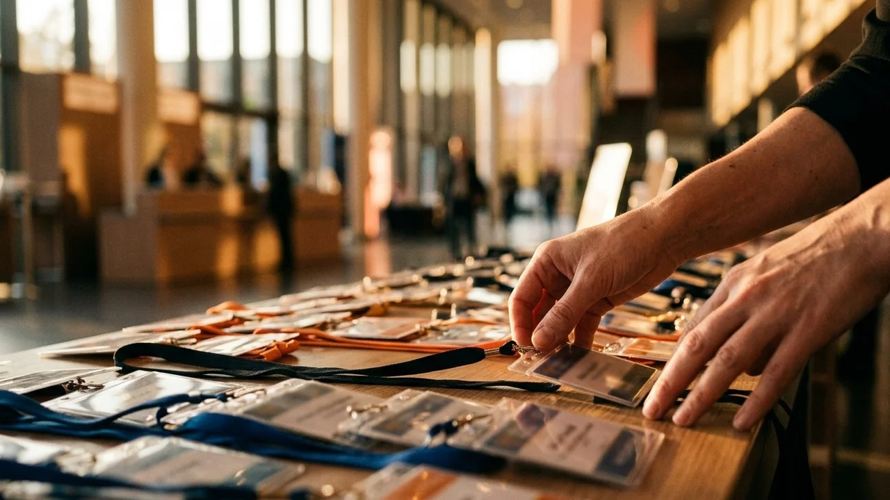 Close-up of hands laying out rows of conference name badges with orange and blue lanyards on a registration table in a sunlit congress foyer before doors open