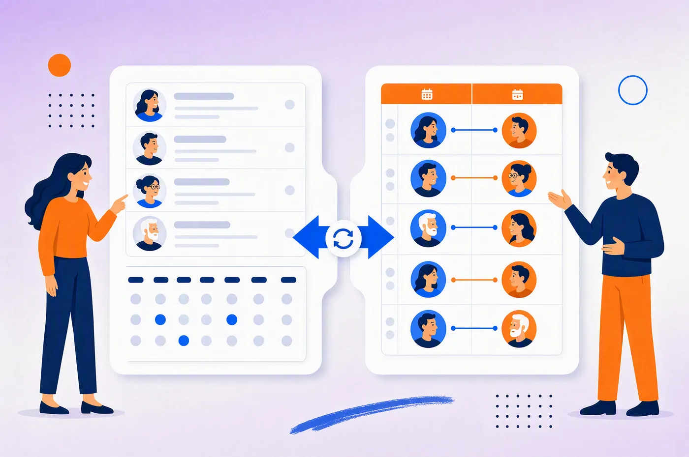 The event module gap: a membership database card with member rows and a yearly calendar on one side, an event schedule with matched 1:1 meeting pairs on the other, bridged by a sync arrow across a visible gap