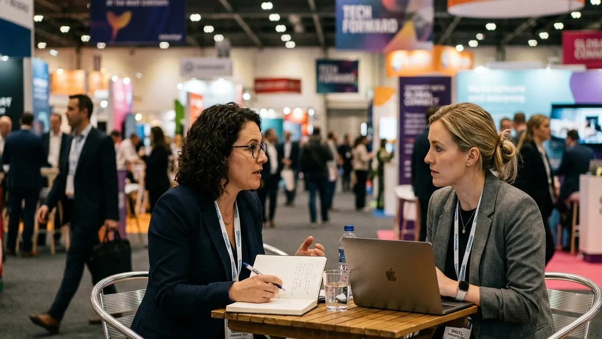 Two event professionals at a bistro table in conversation at a trade show: a matchmaking meeting in progress.
