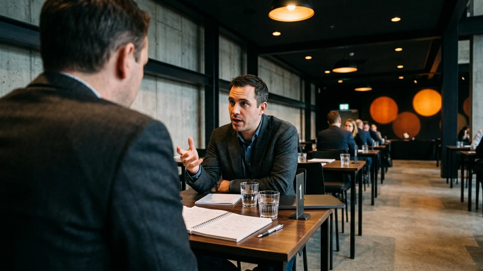 Over-the-shoulder view of a scheduled investor meeting at a numbered table in a conference side area, the person opposite mid-sentence with an open notebook, further meeting tables receding into the dark