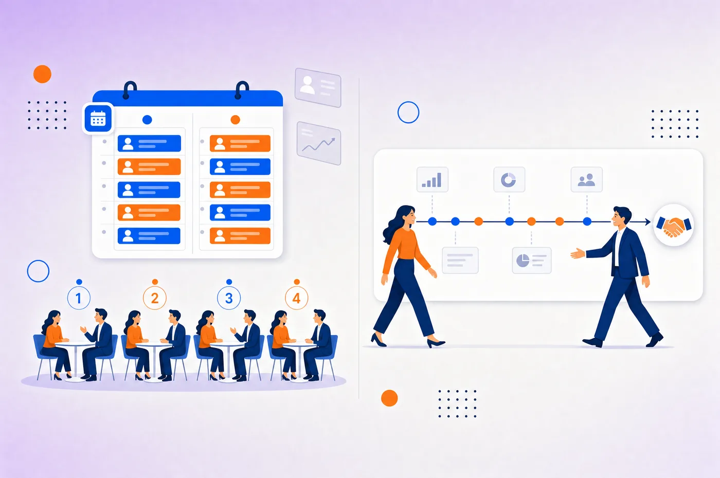 One label, two products: a packed two-day event calendar with numbered meeting tables on the left, and a months-long timeline where a founder and an investor slowly approach a handshake on the right