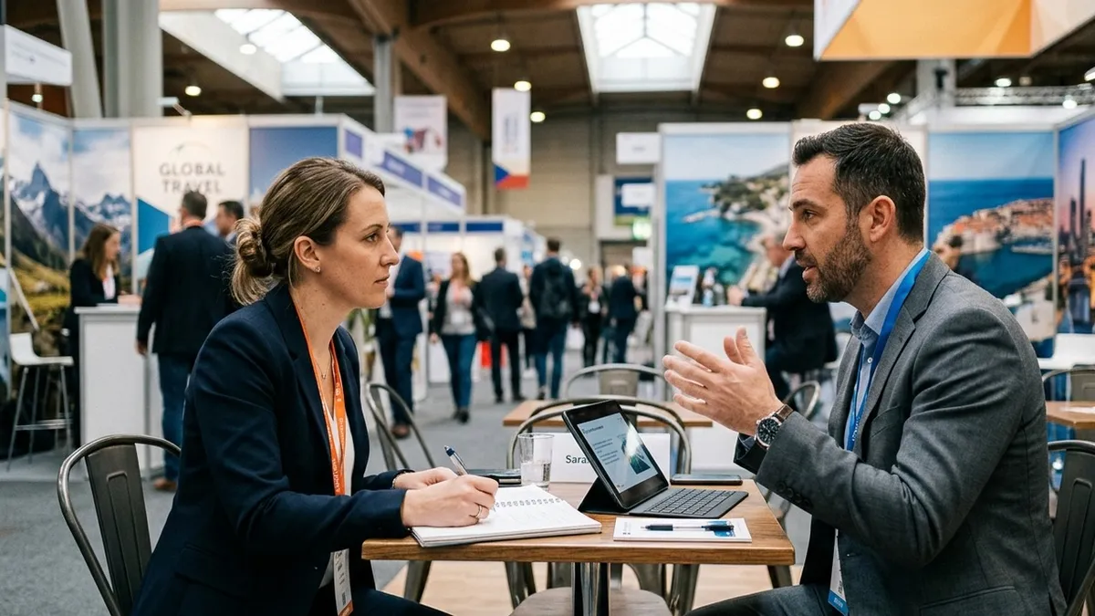 Tourism trade show hall at eye level: two business professionals talking at a meeting table, rows of exhibition booths behind them.
