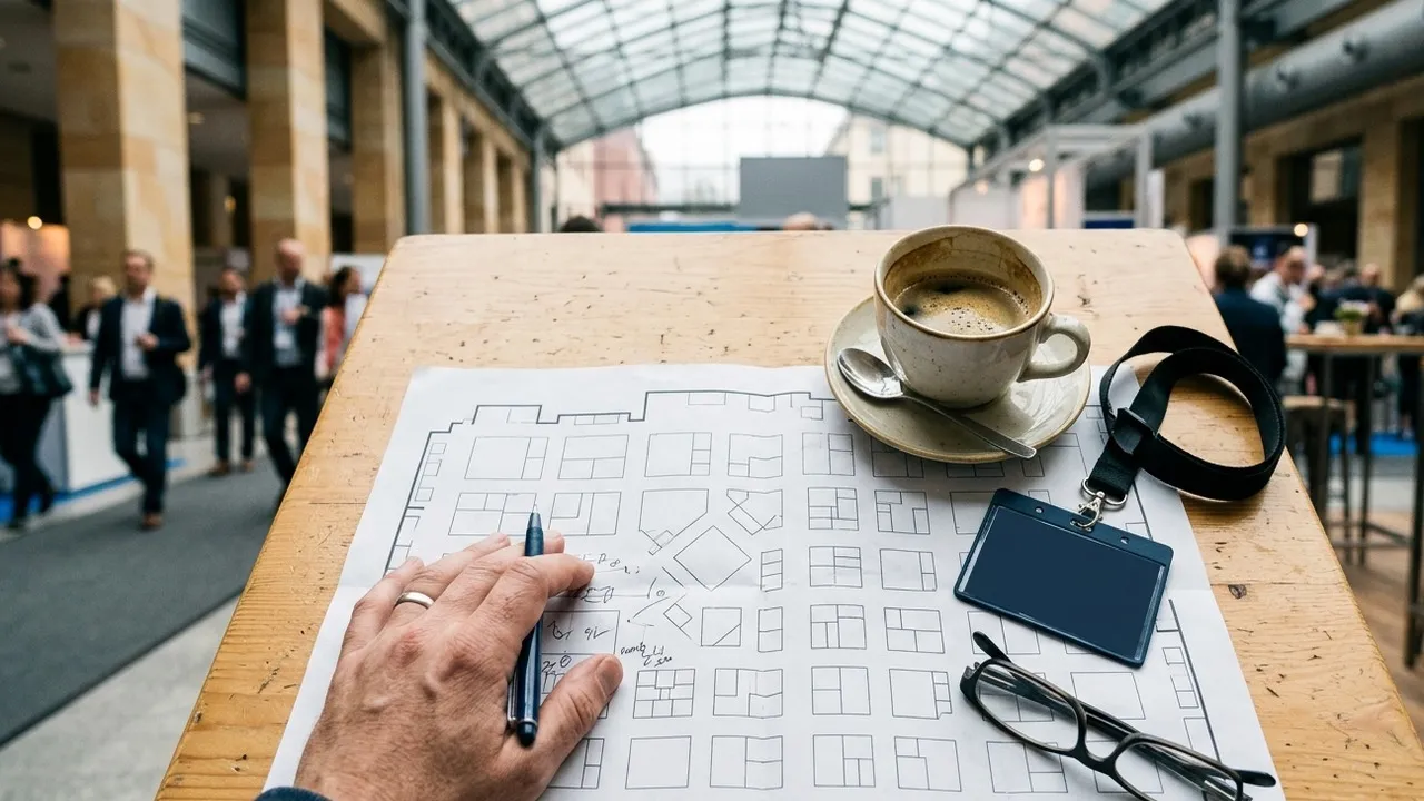 High-angle view of a hand with a pen on a printed trade show floor plan, beside a coffee cup, a lanyard and reading glasses on a wooden stand-up table in a bright exhibition hall