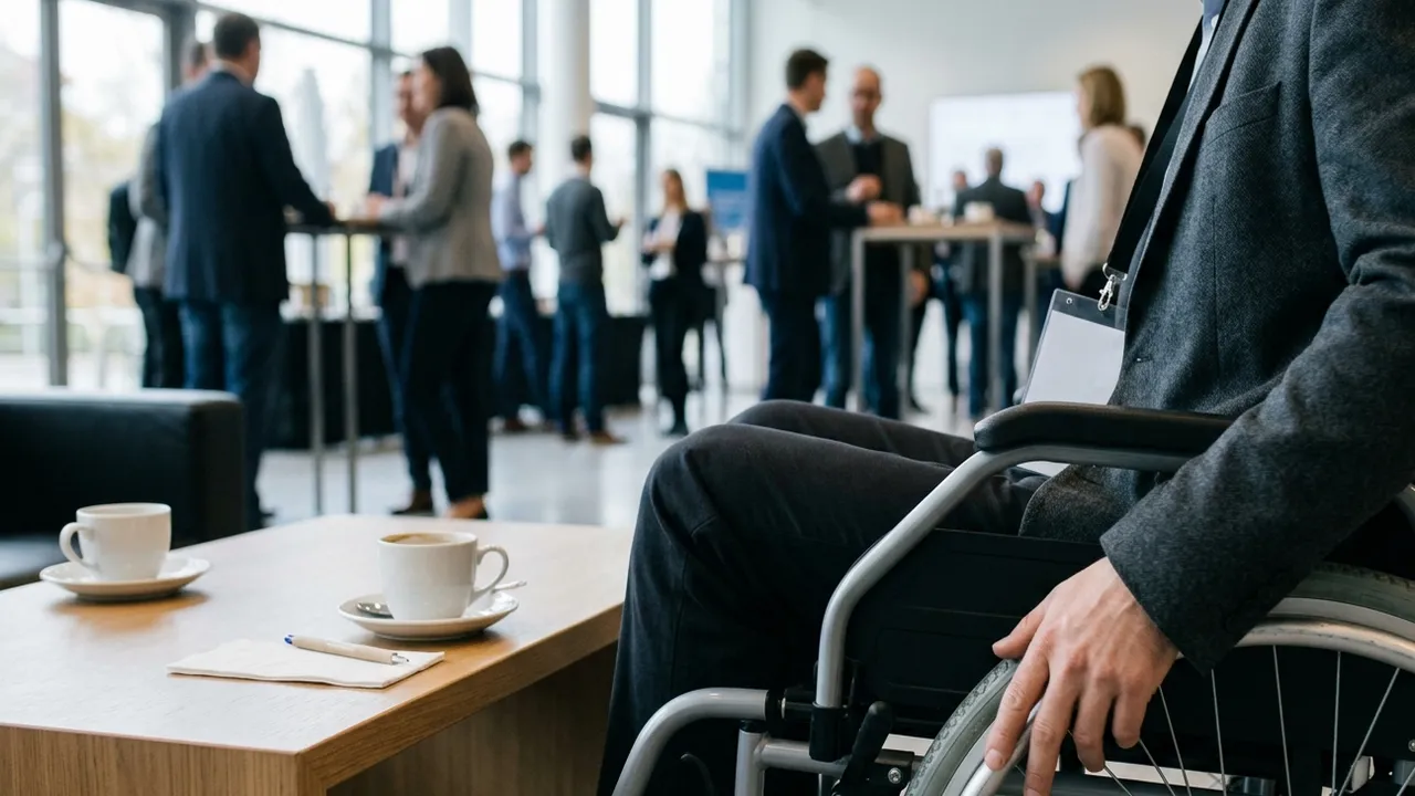 Nahaufnahme in einem hellen Konferenzfoyer: Die Hand eines Teilnehmers im dunklen Sakko ruht am Greifreifen seines Rollstuhls, daneben ein niedriger Holztisch mit zwei Kaffeetassen, Serviette und Kugelschreiber, im unscharfen Hintergrund Gruppen an Stehtischen in der Kaffeepause