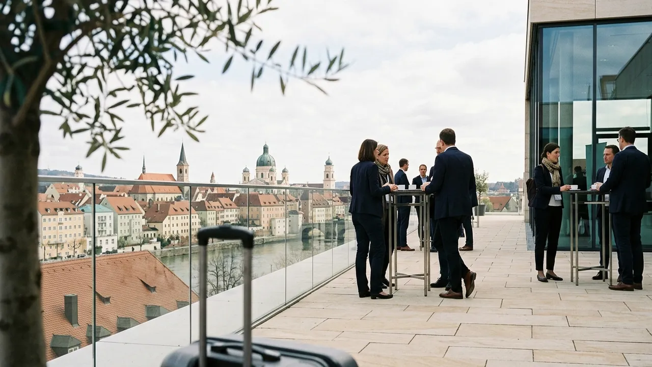 Blick an einer unscharfen Olivenbaumkrone und einem dunklen Rollkoffer vorbei auf eine helle Sandsteinterrasse mit Glasbrüstung: Kongressteilnehmende in dunkler Geschäftskleidung stehen in der Kaffeepause in kleinen Gruppen an Stehtischen, rechts eine Glasfassade, dahinter eine Altstadt mit roten Ziegeldächern, Kirchtürmen und Kuppeln an einem Fluss unter bedecktem Himmel