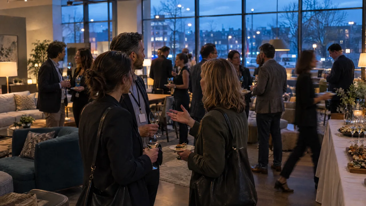 Evening networking mixer in a furniture showroom, small groups of business people talking with drinks in front of large windows at dusk