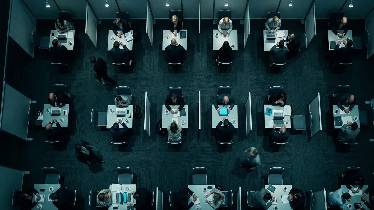 Overhead view of a dim exhibition meeting lounge in cool blue evening light: rows of small two-seat tables separated by low partitions, a business person on each side of most tables with laptops, notebooks, a glowing tablet and coffee cups, a few people walking between the rows