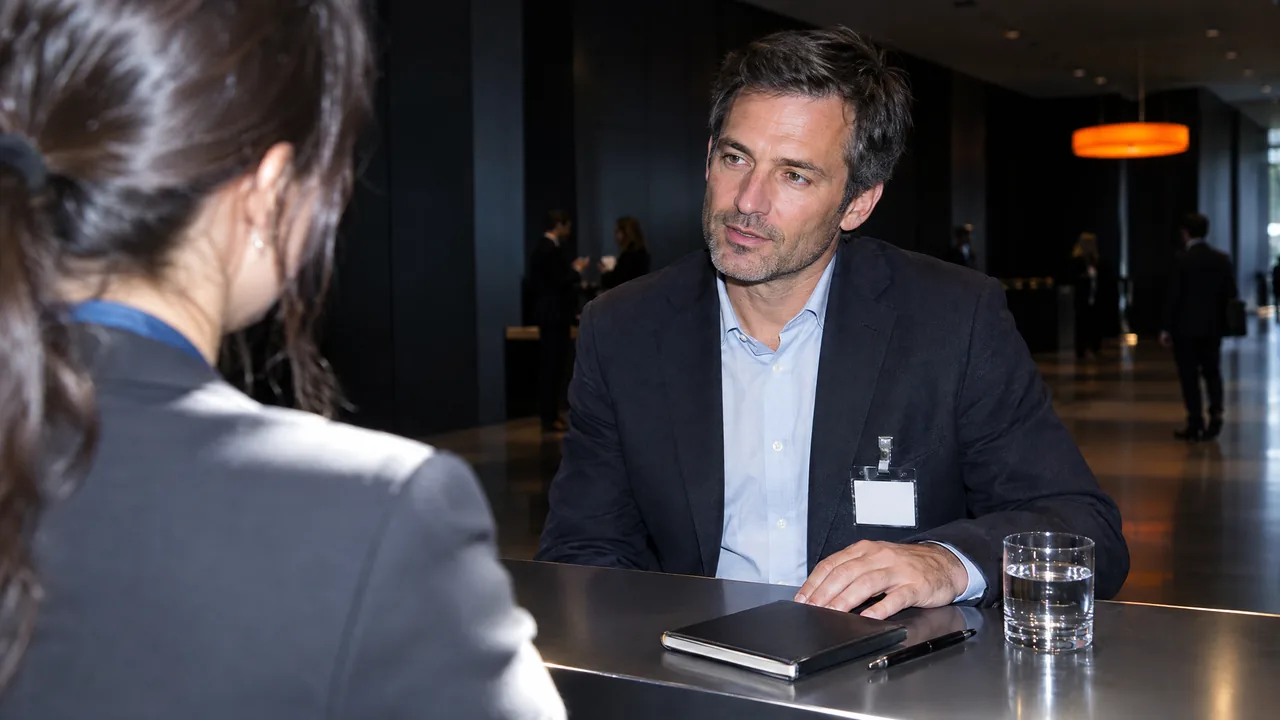 Over-the-shoulder view of an organiser at a conference information desk listening to an attendee in a dark foyer before the programme starts
