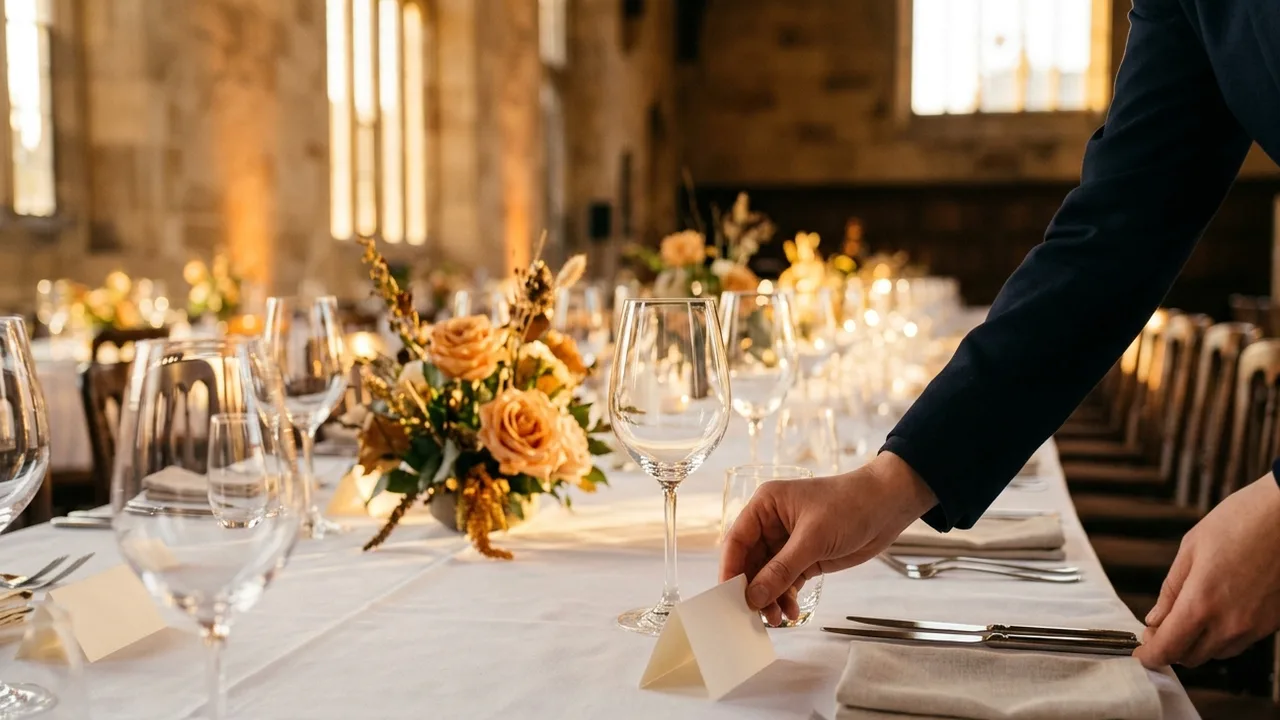 A staff member places a name card on a long banquet table in a historic stone hall, set with white linen, wine glasses and arrangements of peach roses, warm evening light coming through tall windows