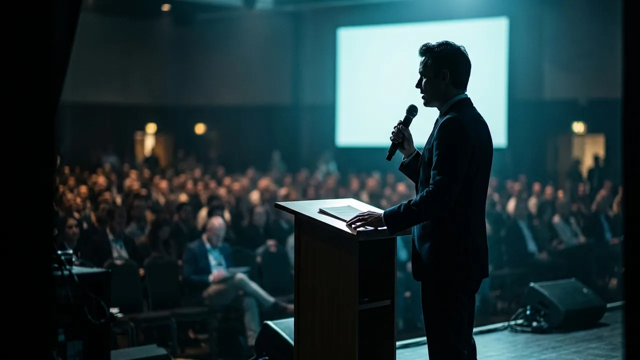 A conference host seen from the side of the stage, silhouetted in profile against cool blue light, speaking into a handheld microphone with one hand on a plain wooden lectern, in front of a blank glowing projection screen and a dark hall full of blurred seated attendees