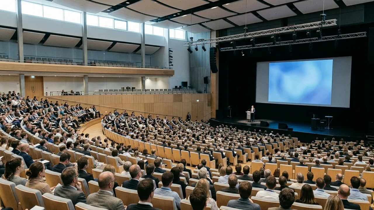 Wide view of a large congress centre auditorium with light wood seats in curved rows, a full audience and a speaker at a lectern on a dark stage in front of a big screen showing a soft blue gradient, with daylight falling through high windows above a wooden balcony