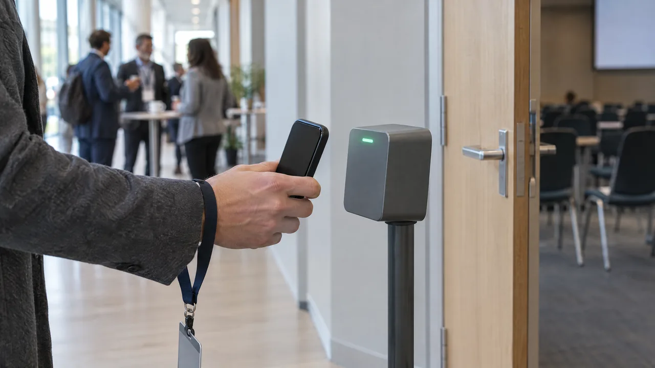 Close-up of a delegate's hand holding a smartphone to a small scanner beside an open seminar room door, with delegates at coffee tables blurred in the corridor behind