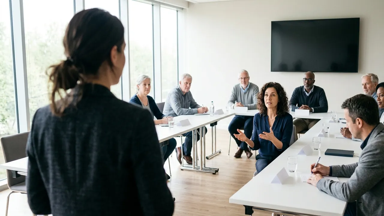 Taken over the shoulder of a facilitator in a dark blazer: about ten customer guests sit around a U-shaped table arrangement in a bright meeting room with large windows, a woman with curly hair in a navy blouse speaks with open hands while the others listen, a man in the foreground takes notes beside blank name cards and water glasses, a switched-off screen on the wall