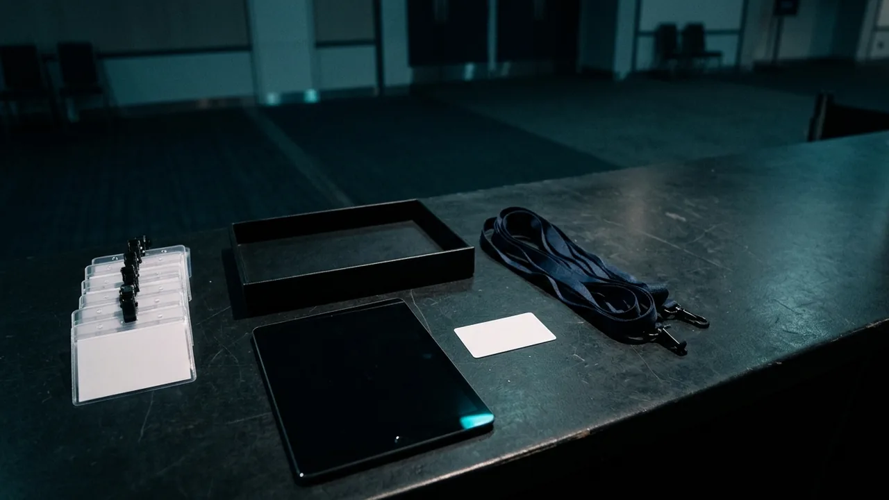 Anmeldetheke von oben vor Türöffnung: leere Namensschild-Hüllen, eine leere Badge-Schale, ein aufgerolltes Lanyard, ein unbeschriebenes Kärtchen und ein ausgeschaltetes Tablet im gedämpften blauen Licht