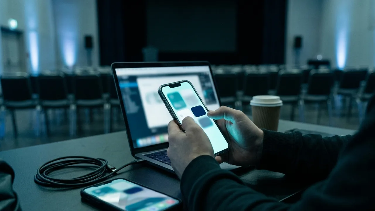 Close-up in cool blue evening light: two hands test an event app on a smartphone in front of an open laptop, a second phone, a charging cable and a coffee cup lie on the desk, behind them an empty conference hall with rows of chairs and a dark stage