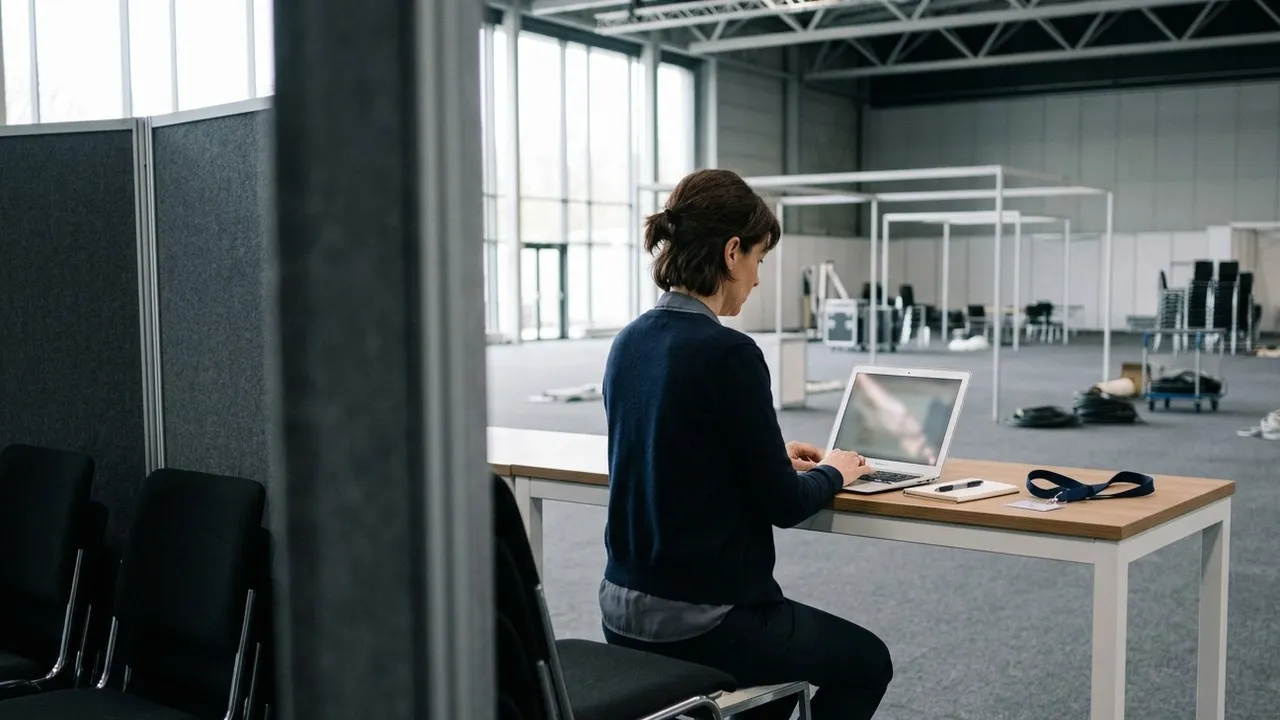 Event organiser working on a laptop at a table in an almost empty exhibition hall after the event, seen past a grey partition wall and stacked chairs, booth frames being dismantled in the background
