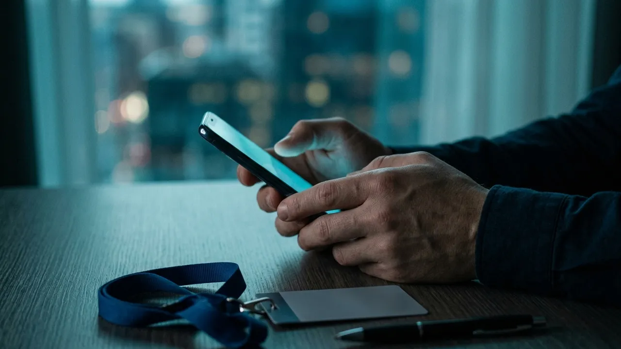 Close-up of a person's hands holding a smartphone at a hotel desk in the evening, the screen turned away and glowing cyan, with a blue conference lanyard, a face-down badge holder and a pen on the table and blurred city lights behind the window