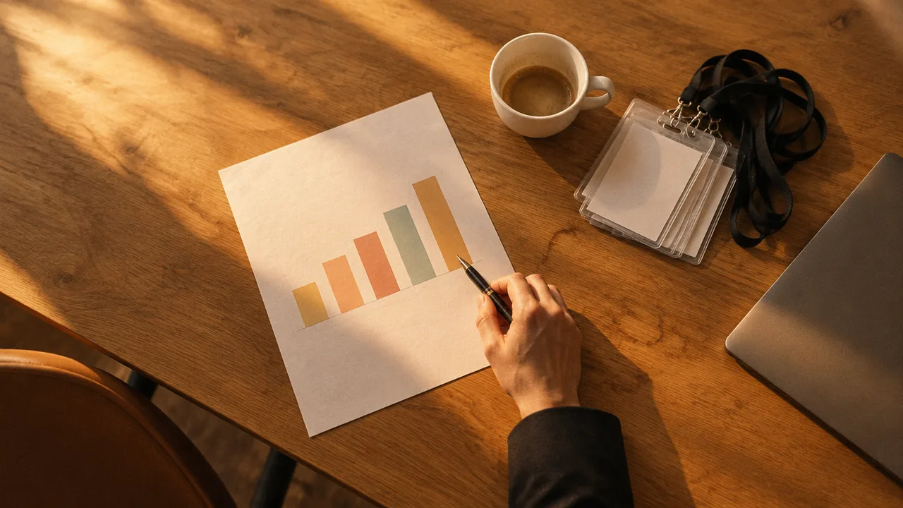 Overhead view of a hand with a pen on a printed bar chart without labels, next to a coffee cup, returned badge holders and a closed laptop in warm evening light