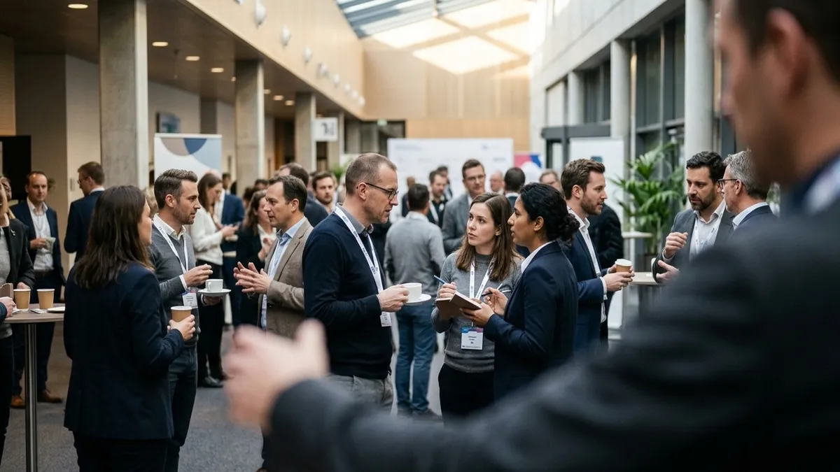 Attendees at a B2B event during a networking break, seen through a foreground crowd.