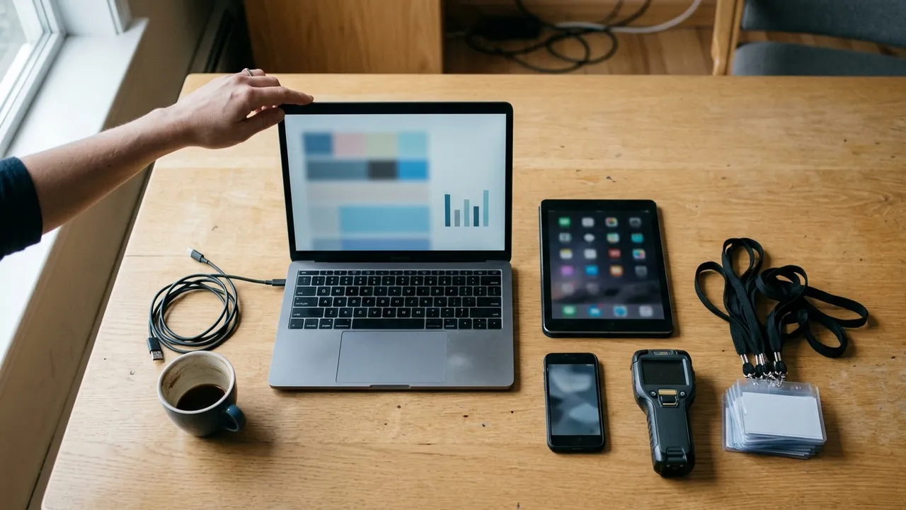 High angle view of a wooden table after an event: an open laptop showing abstract coloured charts, a tablet, a smartphone, a handheld badge scanner, a stack of badge holders with lanyards and a coffee cup, while a hand reaches in to close the laptop