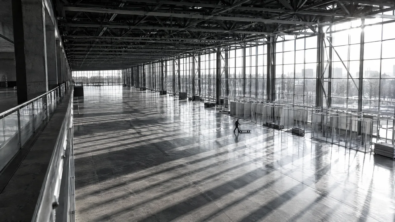 Leere moderne Messehalle am Morgen vor der Eröffnung, Stahltragwerk und Glasfassade werfen Lichtstreifen, ein Techniker schiebt einen Rollwagen