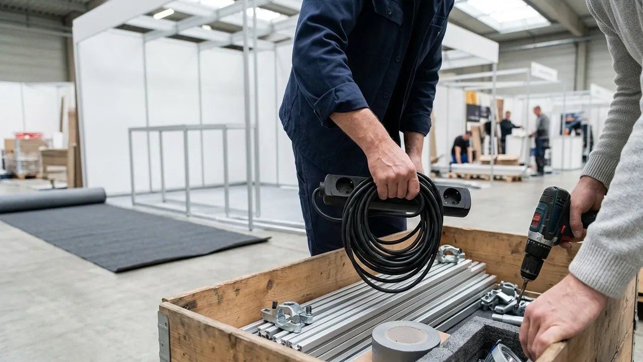 Close-up during stand build-up in a bright exhibition hall: one person in a navy work jacket lifts a coiled black power cable with a multi-socket strip out of a wooden crate full of aluminium stand profiles, clamps and tape, while a second person holds a cordless drill, with a half-built white stand and a rolled-out grey carpet behind them