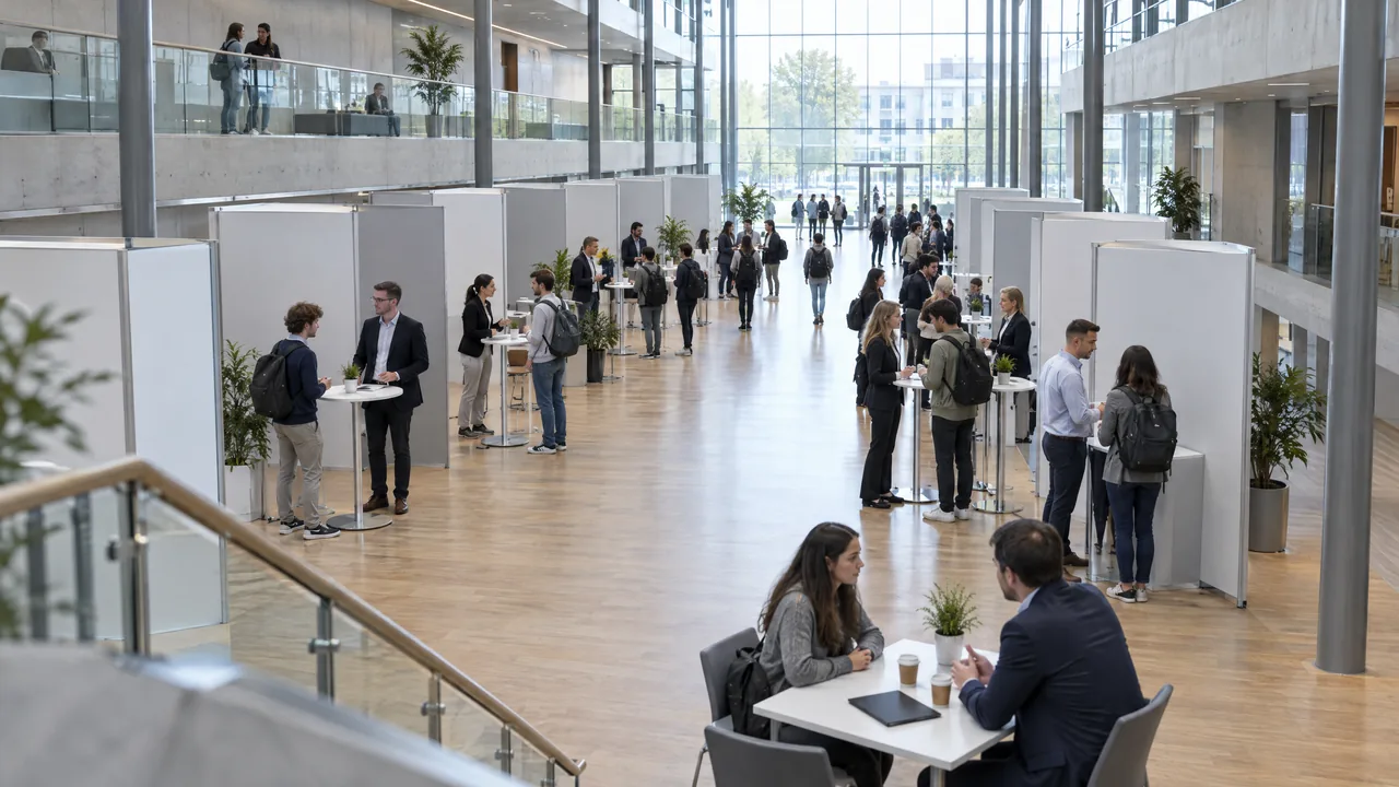 Firmenkontaktmesse im Foyer einer Hochschule mit schlichten Ständen, Studierende im Gespräch mit Unternehmen, vorn ein vereinbartes Einzelgespräch an einem kleinen Tisch