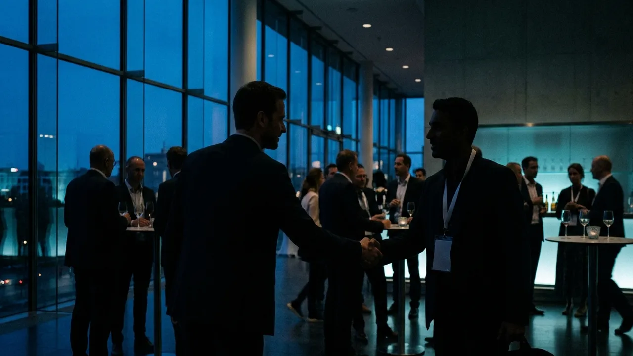Evening reception in a glass-walled congress foyer in cool blue light: two men in dark suits, seen as silhouettes, shake hands in the foreground, one wearing a lanyard with a blank badge, while small groups of attendees with wine glasses stand at high tables in front of tall windows and a softly lit bar
